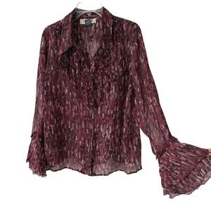 Y2K Harve Benard Woman Ruffle Neckline Flutter Sleeve Chiffon Blouse Boho Fairy